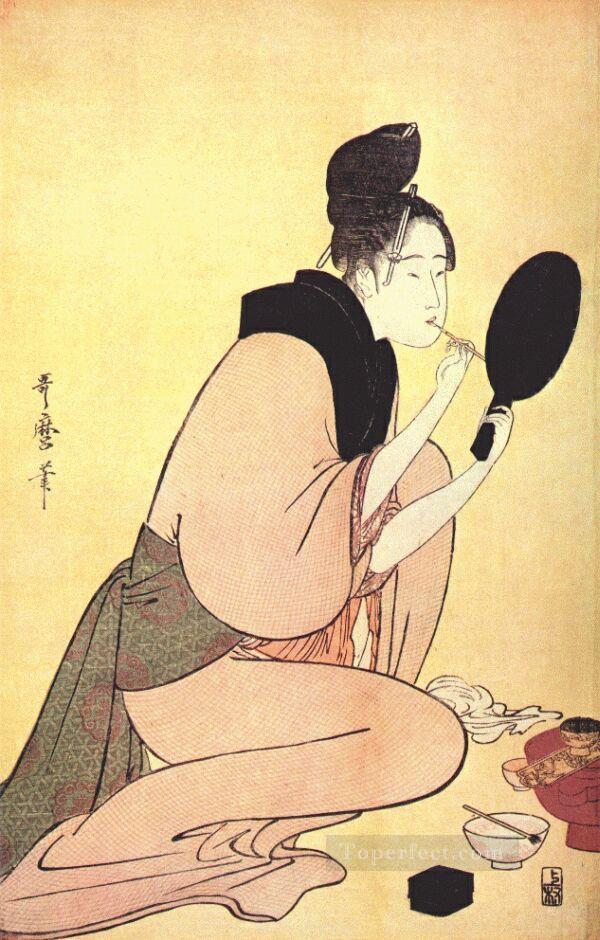 リップルージュを塗る花魁 喜多川歌麿 浮世へ美人が油絵